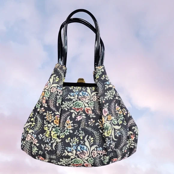 Vintage 60s Floral Carpet Hobo Bag Retro Purse Tapestry Boho Handbag Cottagecore - Picture 4 of 6